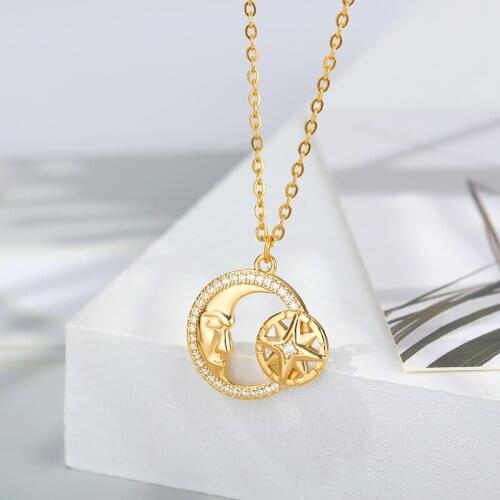 Trendy Round Planet Moon Star Crystal Zircon Pendant Necklace For Women Rose Gold Stainless Steel Choker Jewelry Memory Gifts