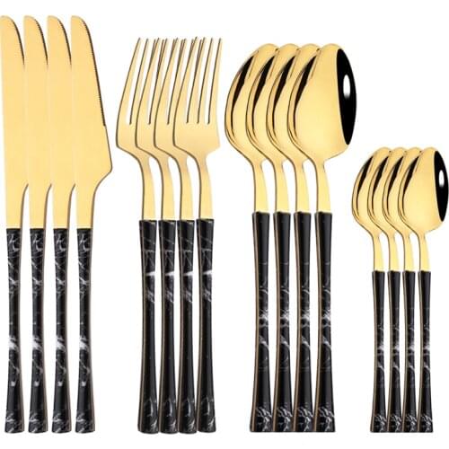 16Pcs Stainless Steel Tableware Set Glossy Wood Gold Dinnerware Set Western Food Black Knife Tea Fork Teaspoon Flatware Cutlery