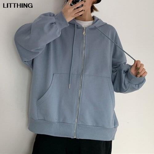New Zip Up Women Hoodies Korean Style Sweatshirt Tops Female Casual Solid Long Sleeve Hooded Jacket Fashion Coats Oversized 2XL