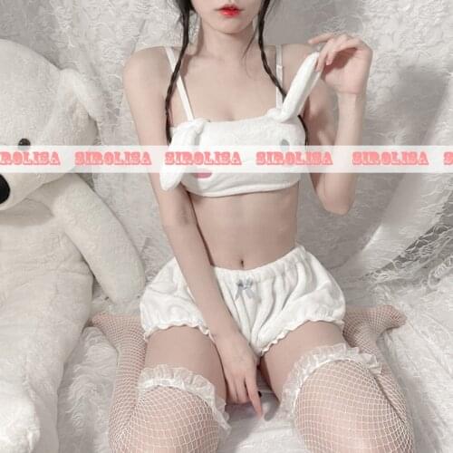 Girls Fuzzy Pajamas Set Kawaii Anime Cute Velvet Fluffy Tube Top Shorts Cartoon Bunny Ear Underwear Sleepwear Suits