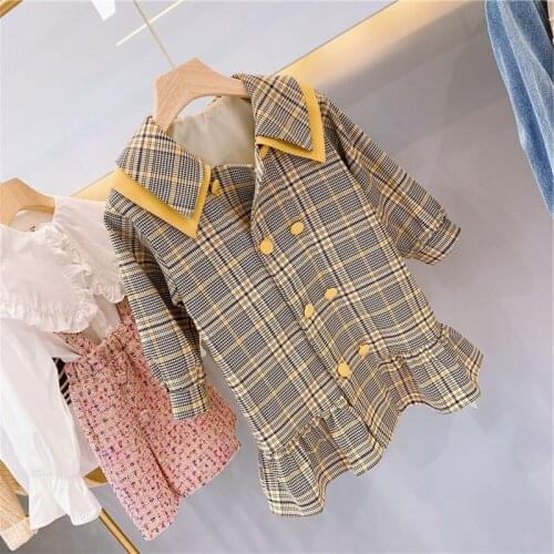 Plaid Children Trench Long Design Casual Girl Prinecess Clothing 2021 Child Autumn Outwear Coats Turn Down Collar