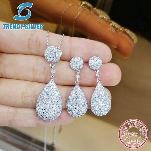 Complete pure 925 sterling silver zirconia clear CZ luxury jewelry set ring earrings for woman pendant necklace trendy design