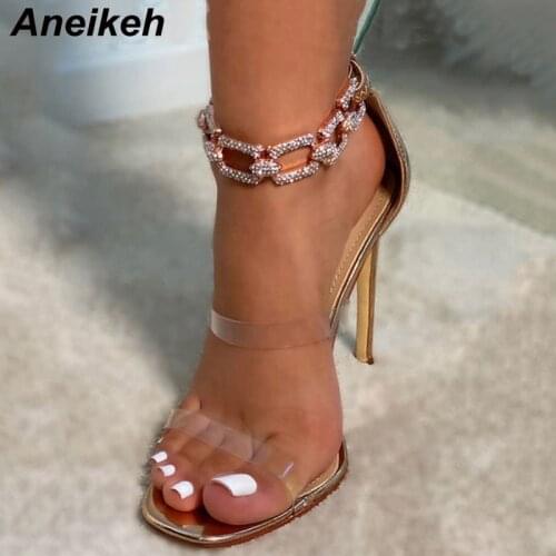 Aneikeh PVC Square Toe Sandals Summer Fashion Sexy Thin Heels Party Diamond Bordered Zipper Concise Elegant Sandalias Mujer 2021