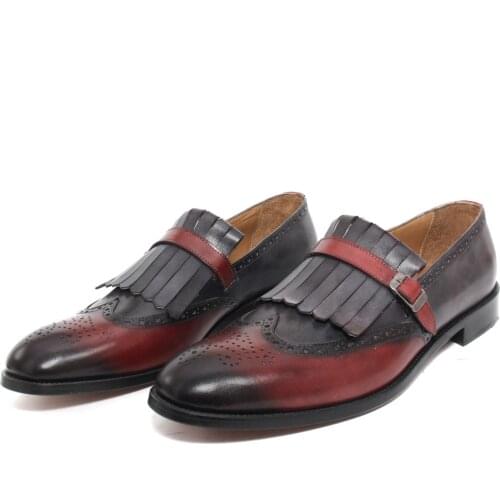 SHENBINS Burgundy & Black Patina Kiltie Fashion Loafers with Leather Soles, Mens Handcrafted Products
