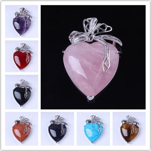 Trendy-beads Romantic Silver Plated Many Style Stone Love Heart With Silk Ribbon Pendant For Valentines Day Jewelry