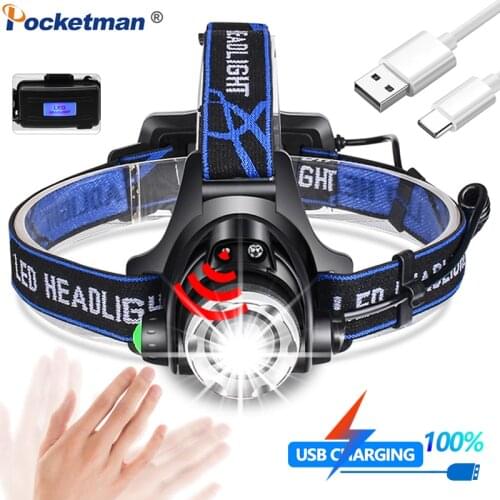 USB Sensor Head Light Sensor LED Headlight Waterproof Flashlight Powerful T6/L2/V6 Headlamp Zoomable Head Torch