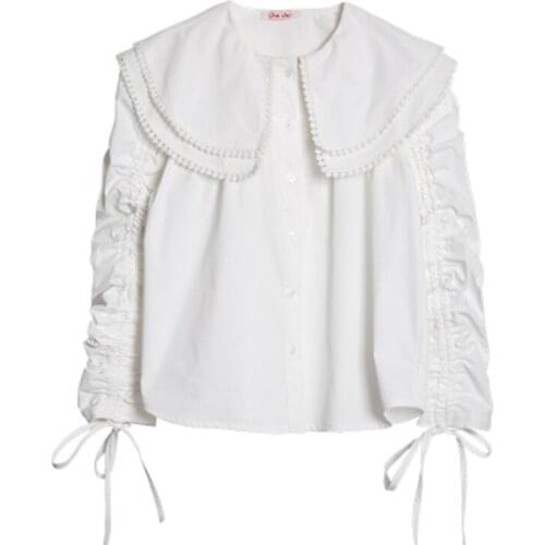 PERHAPS U Women White Shirt Peter Pan Collar Ruched Drawstring Single-breasted Long Sleeve Solid Blouse Shirt B0781