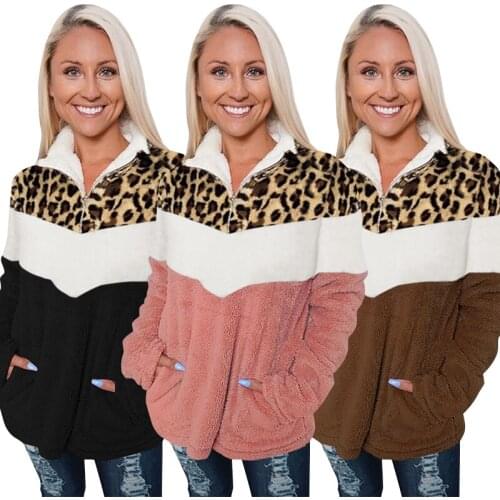 2020 Women Winter Clothes V-neck Zipper Sweatshirts Plush Warm Long Sleeve Tops Lady Pocket Leopard Loose Autumn Sweatshirt Coat
