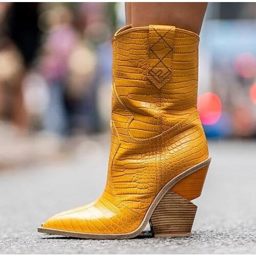 Yellow Wedges Python Boots Mid-Calf Pointed Toe Trendy Shoes Fall To Winter Women Booties Slip On Oversize Style High Heel