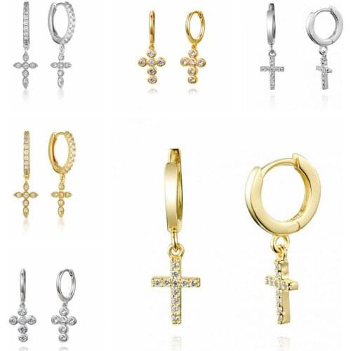 925 Silver Ear Buckle Cross Pendant Hoop Earrings for Women Simple Crystal Earrings Korean Fashion Females Jewelry Accessories