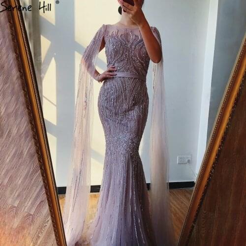 Serene Hill Dubai Pink Luxury Beaded Mermaid Evening Gown For Women 2021 Sexy Detachable Cape Sleeve Formal Party Dress CLA70160