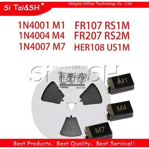 100PCS SMA Rectifier diode 1N4001 M1 1N4004 M4 1N4007 M7 FR107 RS1M FR207 RS2M HER108 US1M SF18 ES1J SF14 ES1D DO-214AC