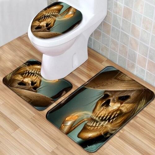3pcs/set Vintage Skull Print Anti-slip Bathroom Floor Mat Home Decor Shower Non-Slip Velvet Rug Bath Door Mats