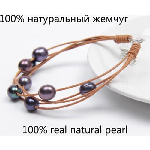 Allergy free S925 silver clasp Peacock black seed shape natural pearl fresh water genuine leather women bracelet