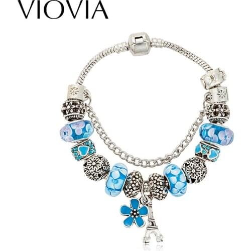 VIOVIA Brand Jewellery Eiffel Tower Charm Bracelets & Bangles For Women Crystal Beads Bracelet Pulseira Feminina Gift B16015