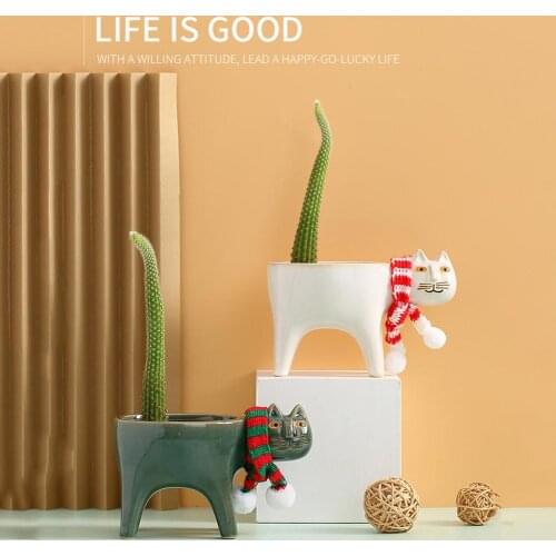 Ceramic Flower Pot Cute Cat Shape Plant Pots With Cat Scarf Succulent Container Garden Decoration Outdoor Cachepot For Flowers