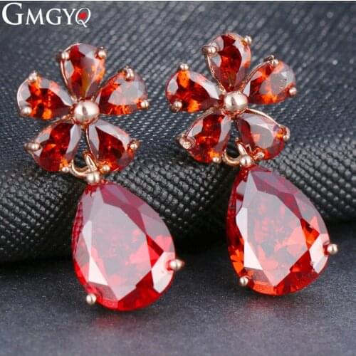 GMGYQ Classic Exquisite AAA Cubic Zirconia Gorgeous Pomegranate Red Water Drop Earring Rose Gold For Womens Banquet Gifts