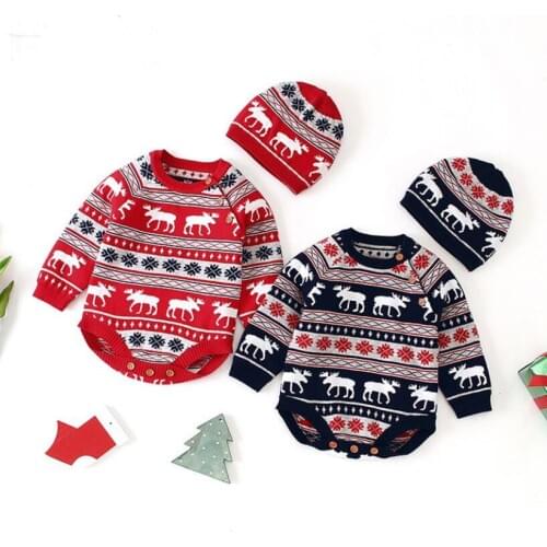 Knitted Baby Girl Boy Romper With Hat Deer Cotton Christmas Baby Clothes Newborn Baby Jumpsuit Infant Baby Costume Clothes Set
