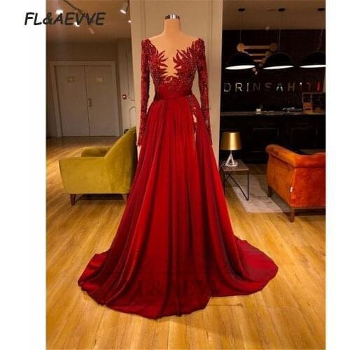 2021 Red Evening Dress A Line V Neck Long Sleeves Lace Up Back with Train Floor Length Evening Prom Party Gowns