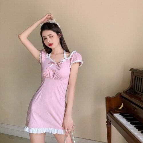 Lace Pink Girls Dress Waist Hugging Slimming French Skirt Summer Temperament Skirt Sweet Girl Sexy Lady Girl Fairy Dress