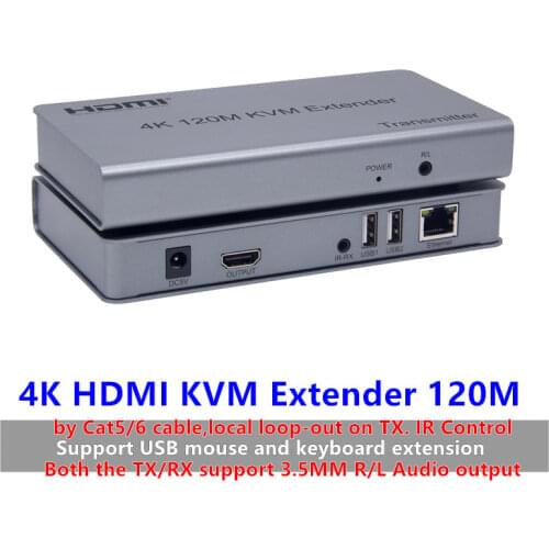 KVM 4K HDMI Extender USB mouse/keyboard Extension 120M by Cat/RJ45/LAN/UTP Network cable,IR Control,TX/RX 3.5MM R/L Audio output