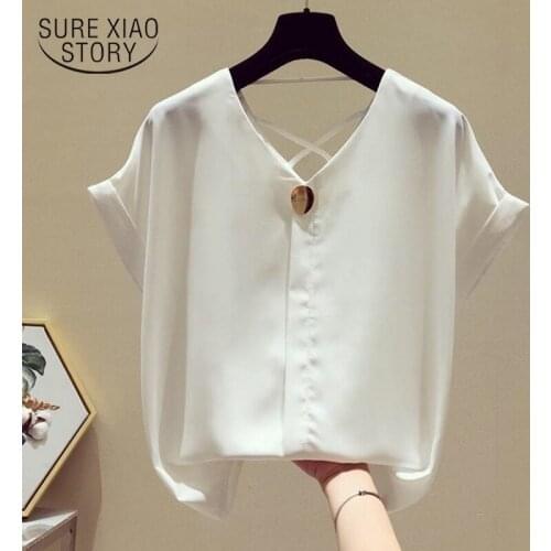 Summer Korean Solid V-neck Chiffon Blouse Women Blusas Mujer De Moda 2021 Short Sleeve Shirts For Women OL Clothes Blusa 9306 50