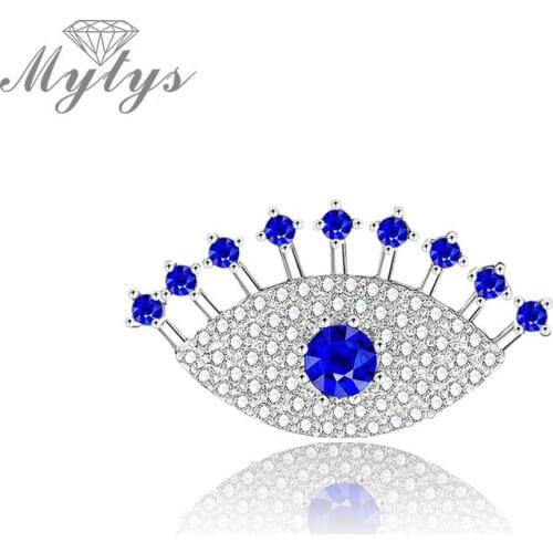 Mytys Royal Blue Cubic Zircon Eye Shape Brooch Pin Special Design Multi-use Lapel Pin for Suit Dresses Scarf Clothing Jewel X343