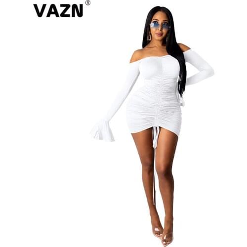 VAZN 2020 New Arrival Solid Cross Bandage Top Sexy Young Little Chap Strapless Full Sleeve Women High Waist Thin Mini Dress