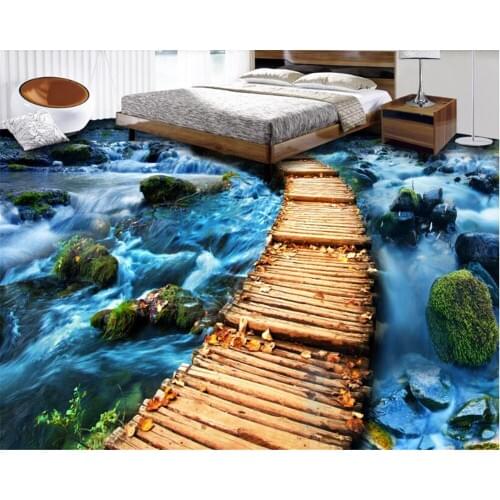 Beibehang wall papers home decor Fashion Personality Decorative Wallpaper Wood Bridge Small Road Stone River 3D Floor Painting
