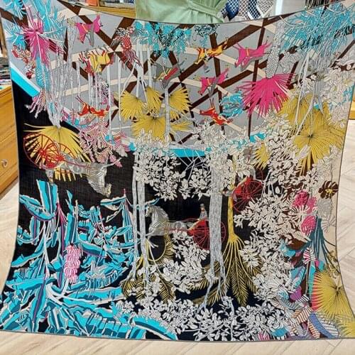 70% Cashmere 30% Silk Scarf Women Fashion Forest Jungle Horse Carriage Shawl Stole Hand Rolled Kerchief Bandana 135*135cm