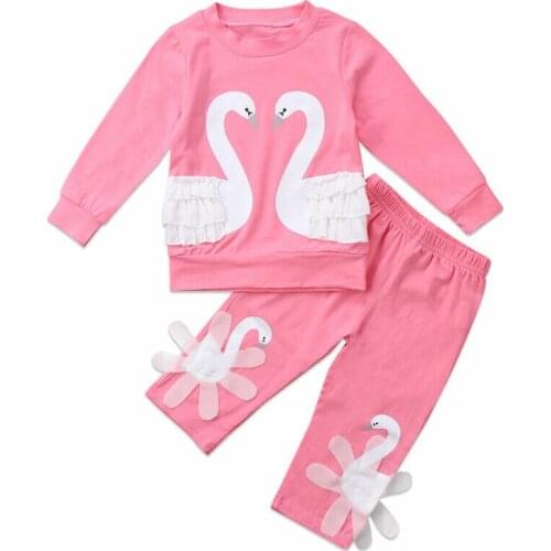 Toddler Kids Casual Girl Clothing Sets Pink Swan Lace Long Sleeve T shirt Sweatshirts Cute Pants 2Pcs Warm Children Clothes