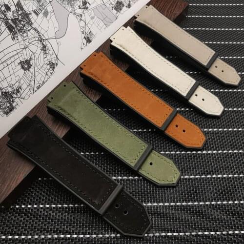 29*19mm Luxury Crazy horse leather Nature rubber silicone watchband watch band strap for Hublot strap 30mm king power HUB logo