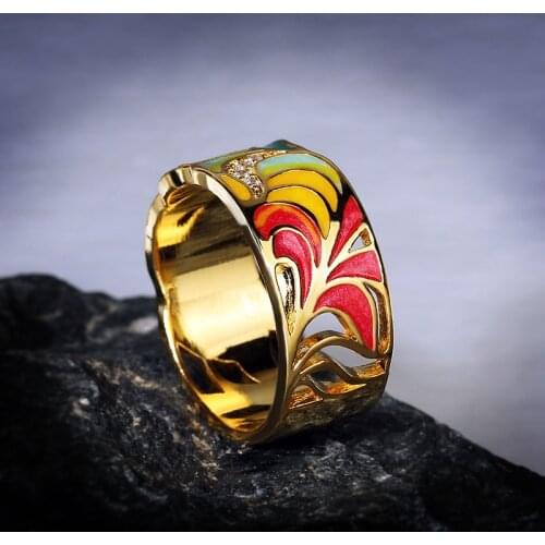 CHARLINLIOL Luxury Yellow Gold Color Enamel Banquet Rings for Female Ladies Retro Leaf Zircon Ring Bohemia Vintage Party Jewelry