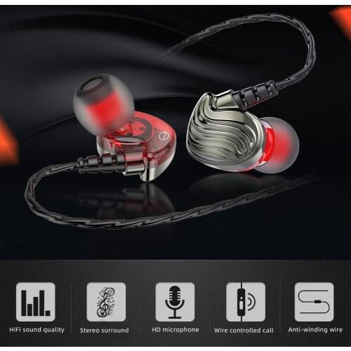 S8 Quad-core Dual Moving Coil 3.5mm In-Ear HiFi 6D Stereo Music Wired Earphone
