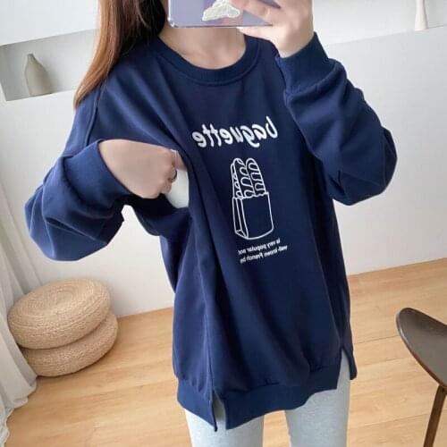 Spring Cartoon Print Loose Casual Breastfeeding Maternity Hoodies Dark Blue Autumn Pregnancy Women Clothing Women Hoodies Tops