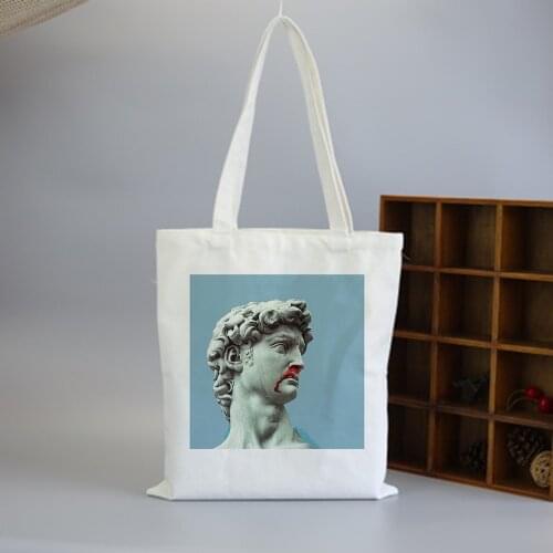 Hip Hop Japanese Handbag Tote Bags Reusable Shopping Bag Vaporwave Canvas Bag White Female Cartoon Vintage Print Shoulder Bags