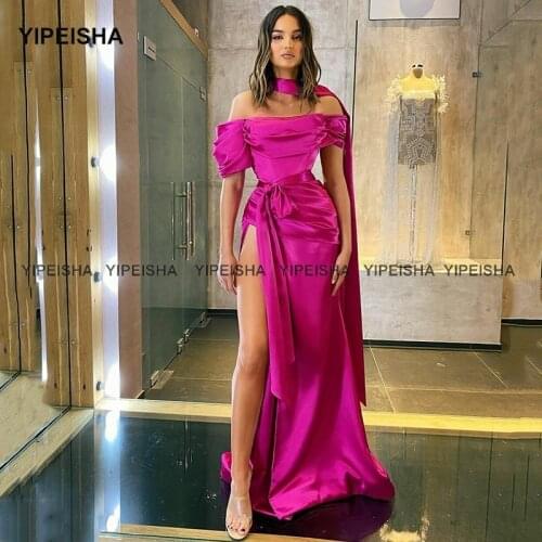 Yipeisha Off-shoulder Fuchsia Evening Dress Long Sexy High Split Prom Party Gowns Arabic Dubai Formal Special Occasion Dresses