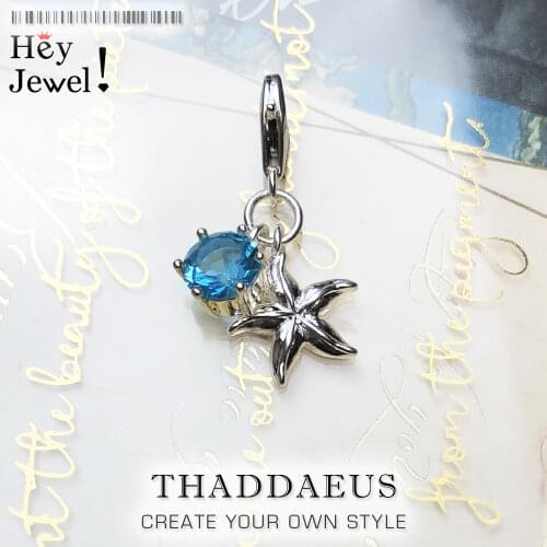 Starfish & Blue CZ Charm Women Girls 925 Sterling Silver 2019 Ocean Europe Pendant Fit Bracelet Charm Jewelry Gifts