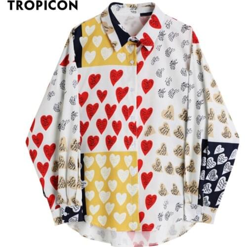 TROPICON Color Block Shirt Long Sleeve Button Up Collared Shirt Heart Print Patchwork Fashion Blouse Ladies Top Spring 2021