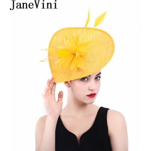 JaneVini European Style Feather Yellow Fascinators Hats Bridal Hat Headpiece Wedding Hats and Fascinators Bride Hair accessories