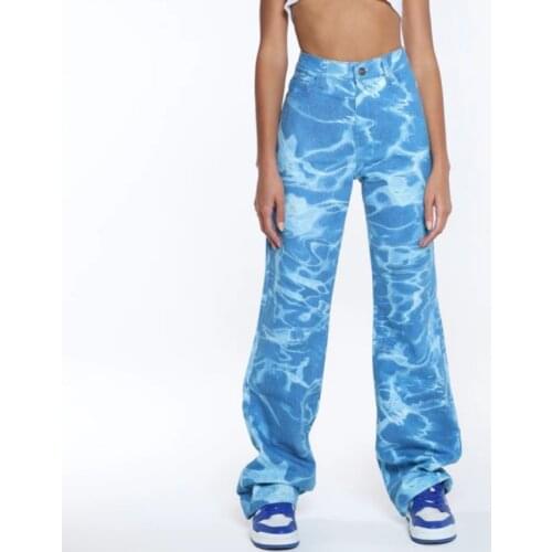 Womens Tie-Dye Jeans Sea water pattern Printed blue Straight Pants High Waist Y2K Wild Fitting Harajuku Denim Trousers Female