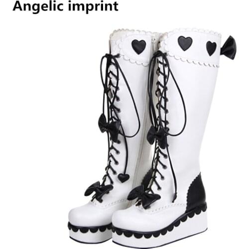 Angelic imprint mori girl Women motorcycle boots lady high wedges heels lolita shoes woman princess dress pumps bowtie lace-up