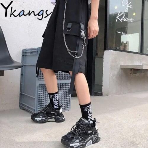 With Chain Black Biker Running Cargo Shorts 2021 Pocket Summer Women Korean Style Gothic Punk High Waist Shorts Oversize Female