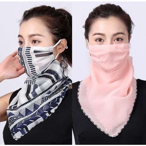 Women Chiffon Face Scarf Silk Neck Kerchief Headband Foulard Lady Fashion Floral Print Proof Face Scarves Wrap Bandana Shawls