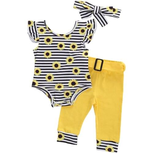 2020 0-12M Newborn Baby Girl Clothes Sunflower Striped Fly Sleeve Romper Tops Yellow Long Pants Headband Casual Toddler 3pcs