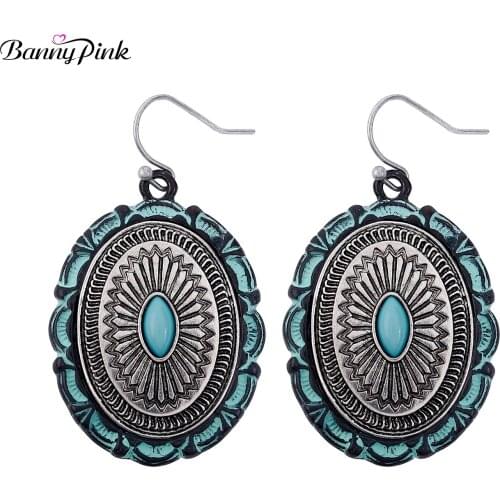Banny Pink Bohemia Carved Sunflower Dangle Earrings Ethnic Turquoises Drop Earrings Indian Stone Pendant Earrings Women Gift