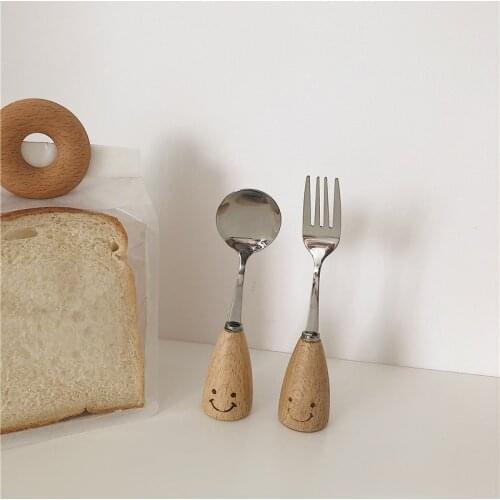 Korean Stainless Steel Creative Smiling Face Wooden Handle Western Tableware Lovely Steak Fork Spoon