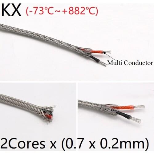 KX Type 2Core x 0.2mm Thermocouple Wire Stainless Steel Shield Fiber Braid Insulated High Temperature Sensor Compensation Cable