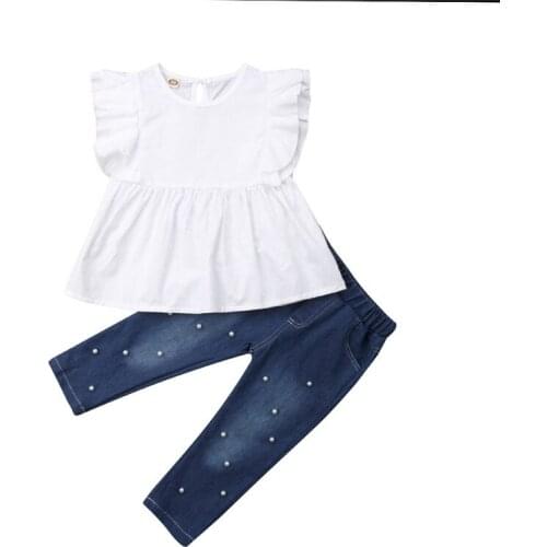 2019 2-7T Toddler Kids Baby Girl Ruffles Sleeveless Top T-shirt Denim Pearl Pants Outfits Clothes 2Pcs Set
