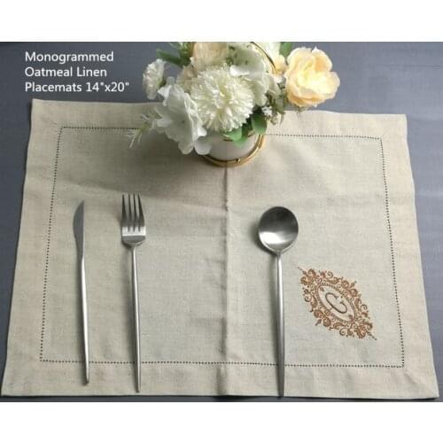 Set of 12 Monogrammed Placemats 14"X20"Hemstitched Thick Oatmeal Linen Table Cloth with Color Embroidered Initial C